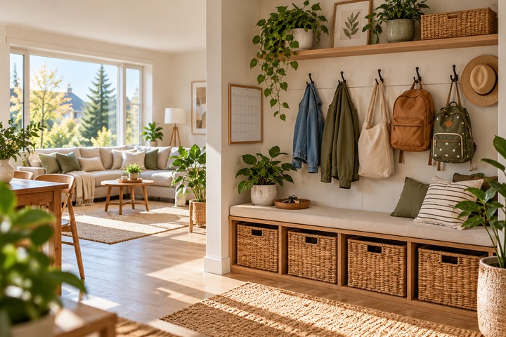 Organized family entryway with bags and storage baskets.