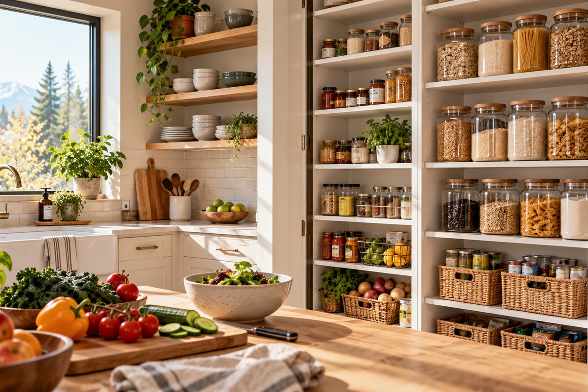 Organized pantry and kitchen with fresh produce.
