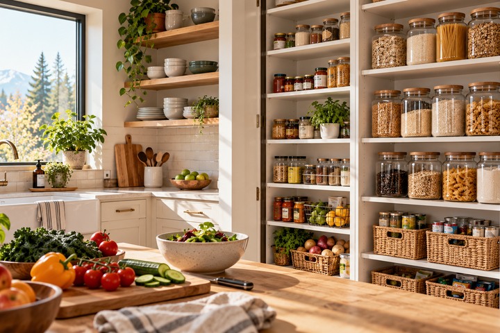 Organized pantry shelves.