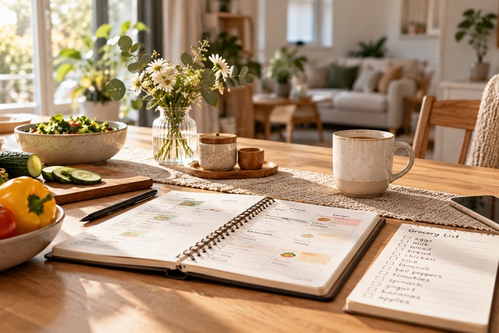 Open planner and grocery list.
