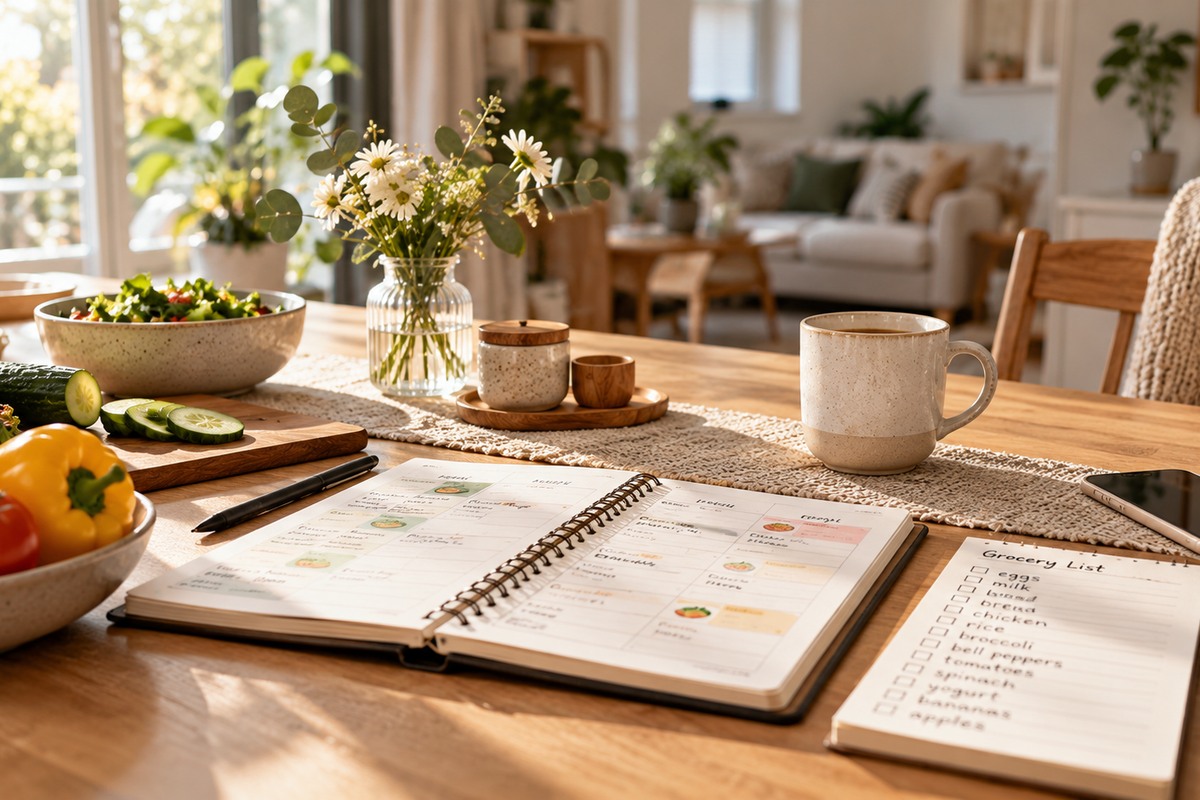 Weekly planner and grocery list on a sunlit table.